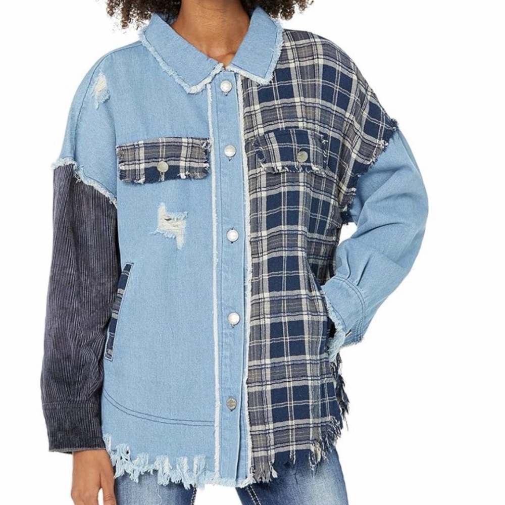 Miss Me flannel plaid button-down denim jacket Large